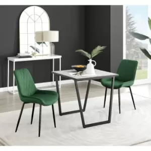 Image of Furniturebox Carson White Marble Effect Square Dining Table & 2 Green Pesaro Black Leg Velvet Chairs
