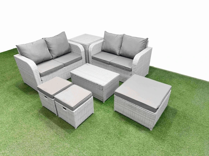 Image of Fimous 7 Seater Outdoor Love Sofa Set Rattan Garden Furniture Set with Rectangular Coffee Table 3 Footstool Side Table Light Grey Light Grey