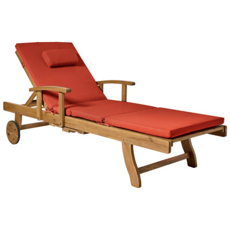 Image of Beliani Sun Lounger With Cushion Java Premium Acacia Wood Red