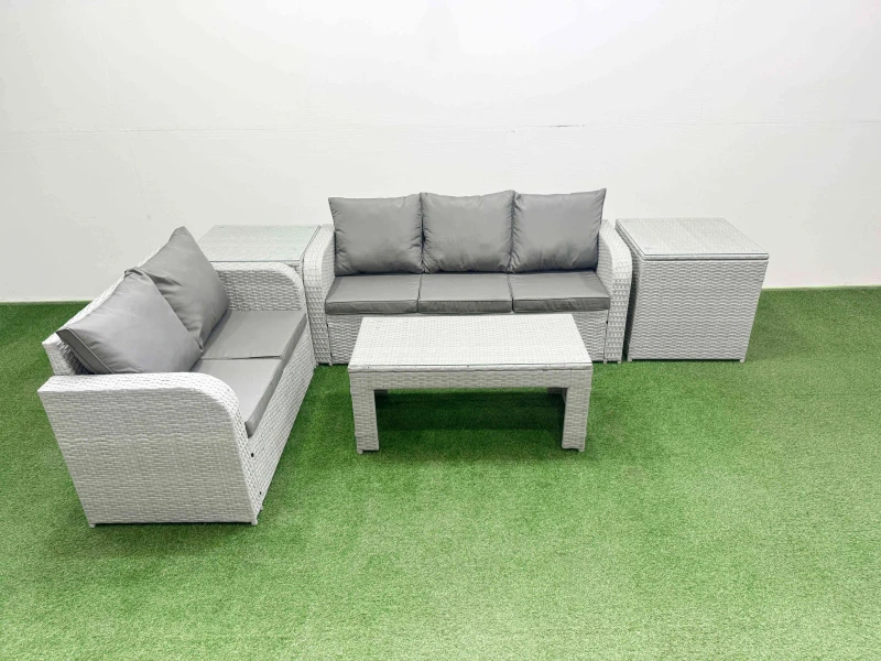 Image of Fimous 5 Seater PE Rattan Wicker Garden Furniture Patio Conservatory Sofa Set with Oblong Coffee Table 3 Seater Sofa Love Sofa 2 Side Table Light Grey