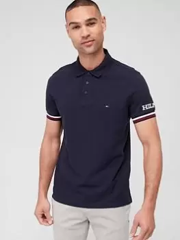 Image of Tommy Hilfiger Monotype Striped Cuff Slim Fit Polo Shirt - Blue Size M, Men