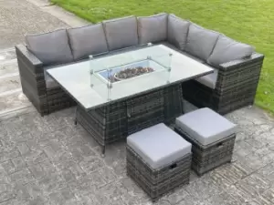 Image of Fimous 6 Seater Outdoor Dark Grey Rattan Lounge Complete Sofa Set with Gas Fire Pit Table, Gas Heater and 2 Stools