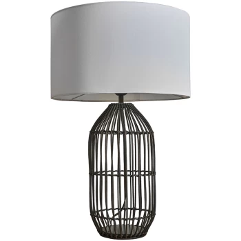 Image of Large Black Rattan Table Lamp With Fabric Lampshade - White - No Bulb