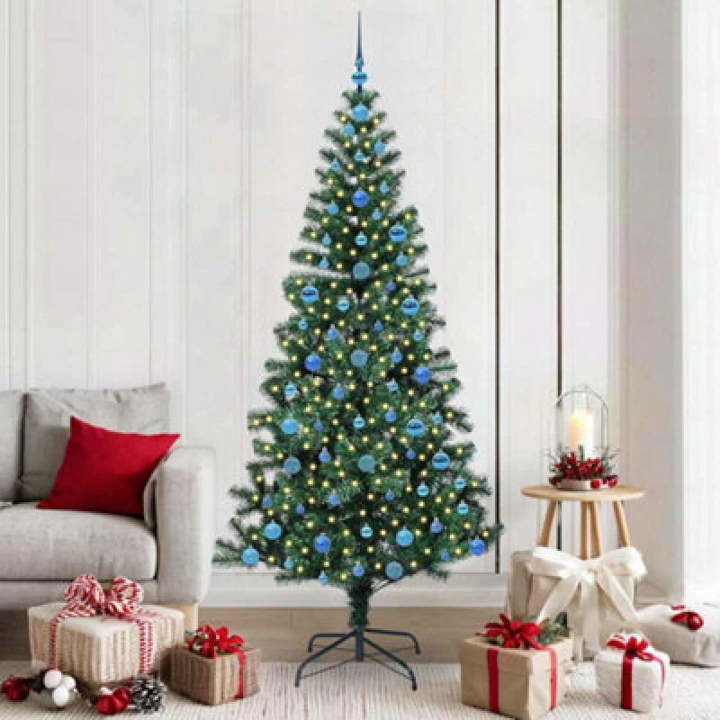 Image of vidaXL Artificial Pre-lit Christmas Tree with Blue Balls Green 210cm PVC and Metal, Green 3396782