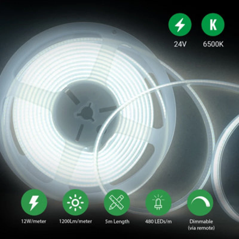 Image of Ener-J 5 Meters Set Of 24V Dotless Cob Strip With 480 Ledsm Dimming Controller UK Adapter Plug 6500K