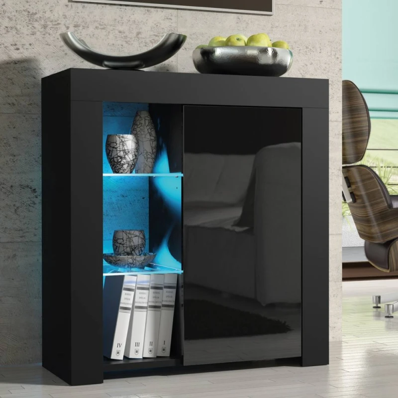 Image of Creative Furniture Serene Sideboard 83cm - Black with Gloss Doors & LED Lights Black Unisex