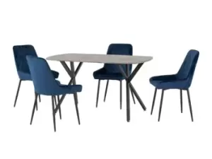 Image of Seconique Athens Concrete Effect Dining Table with 4 Avery Blue Velvet Chairs