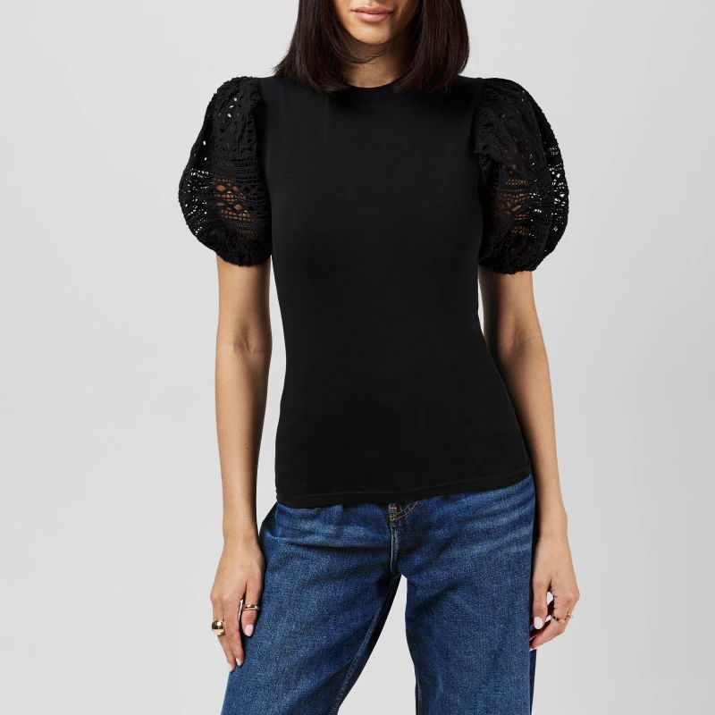 Image of French Connection Womens Rosana Broderie Regular Fit T-Shirt 01-Blackout female 8 (XS)