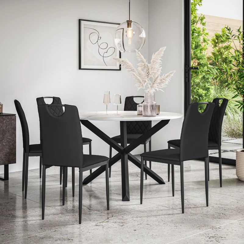Image of More4Homes Malvern Round Dining Table And Chairs - Marble Table Top W Solid Oak Black Legs + 6 Monza Faux Leather Dining Chairs (Black)