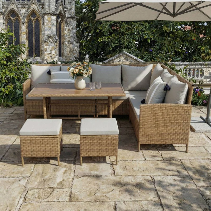 Image of Home Garden Direct Thalia Rattan Corner 8 Seater Dining Set with Plywood Table Brown Brown Unisex