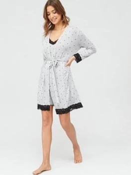 Image of Pour Moi Spot Print Jersey Lace Trim Robe - Grey Marl