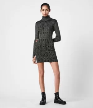 Image of AllSaints Womens Knitted Regular Fit Rosa Cable Dress, Black and Gold, Size: M