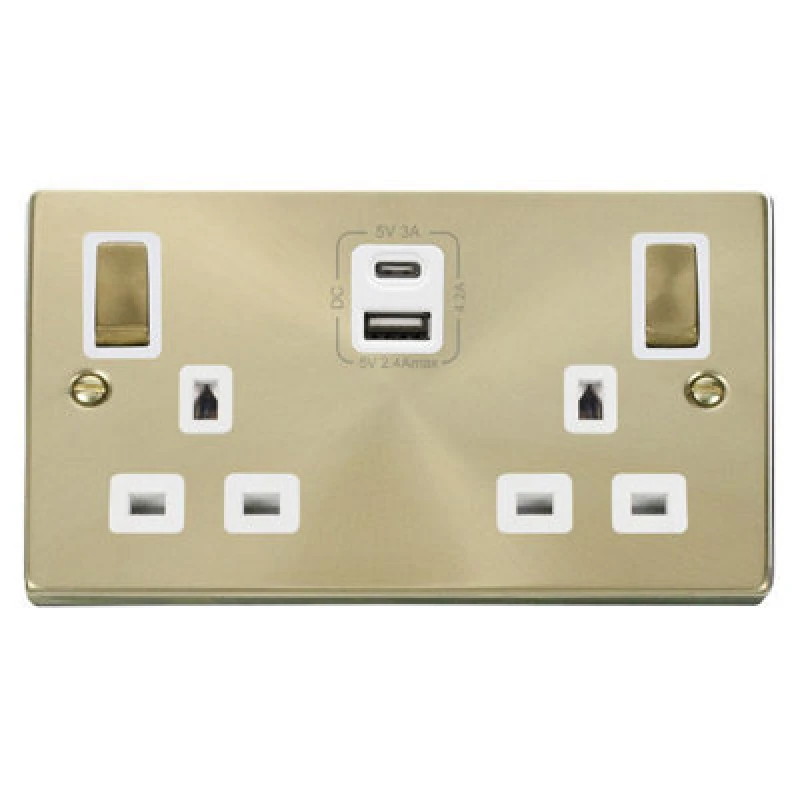 Image of SE Home Satin / Brushed Brass 2 Gang 13A DP Ingot Type A & C USB Twin Double Switched Plug Socket Gold unisex