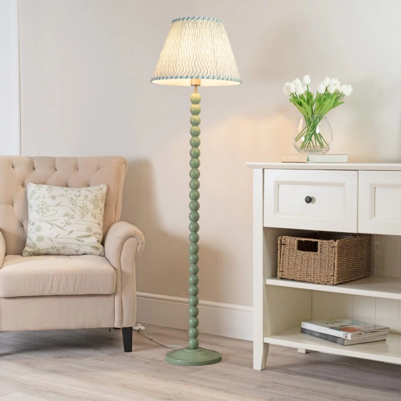 Image of ValueLights Bobbins Sage Green Floor Lamp with Tapered Fabric Pleated Shade Green