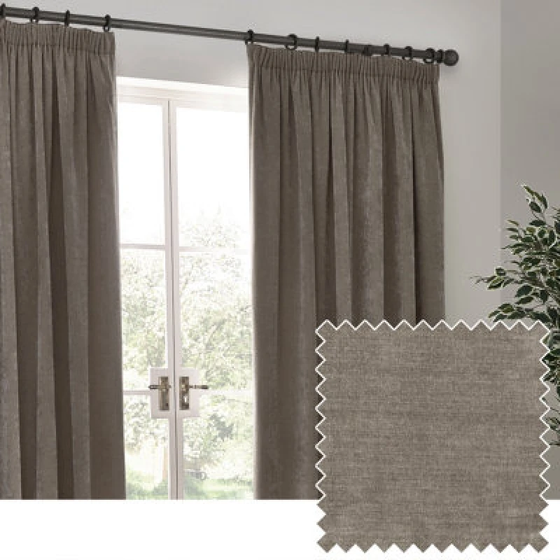 Image of Yard Heavy Chenille Velvet Ready Made Pencil Pleat Curtains Greige