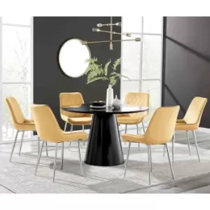 Image of Furniture Box Palma Black Semi Gloss Round Dining Table and 6 Mustard Pesaro Silver Leg Chairs