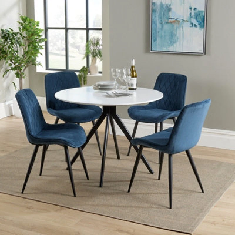 Image of Core Products Aspen White 100Cm Round Dining Table With 4 Blue Cord Fabric Diamond Stitch Design Chairs