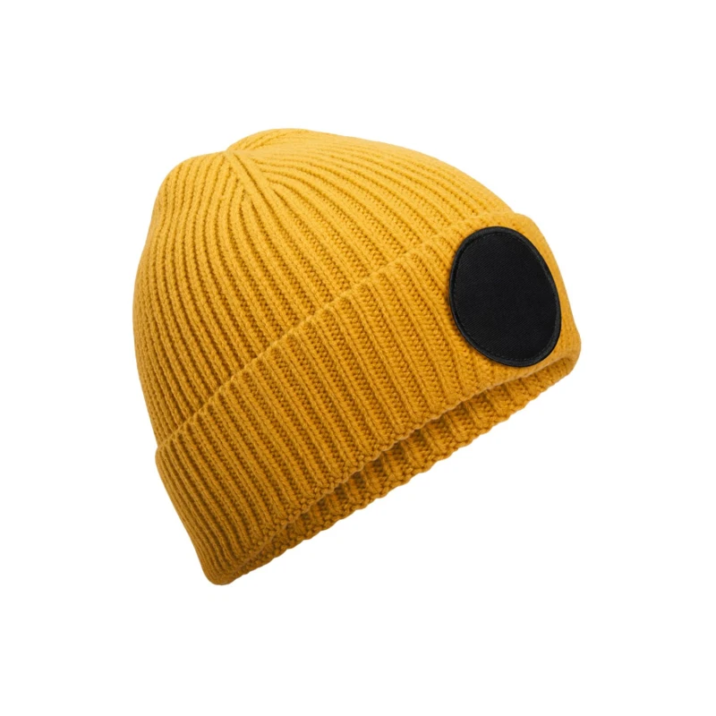 Image of Beechfield Beechfield Men Fashion Circular Patch Beanie in Mustard Mustard One Size Male 5063574673709
