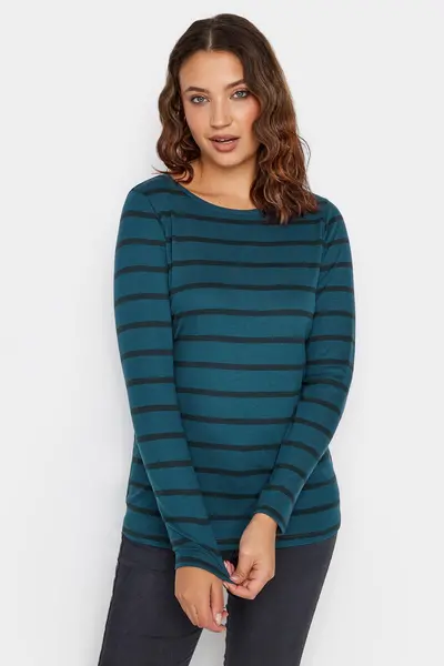 Image of Long Tall Sally Tall Long Sleeve Striped Cotton T-Shirt Dark Blue