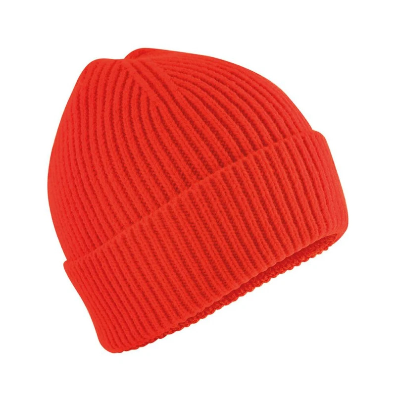 Image of Beechfield Rib Knit Stretch Wide Cuff Beanie Hat - Soft, Flexible in Orange Orange Unisex One Size