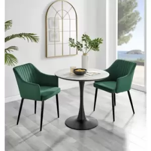 Image of Furniturebox UK - Furniturebox Elina White Marble Effect Modern 80cm Round Dining Table & 2 Green Calla Black Leg Velvet Chairs