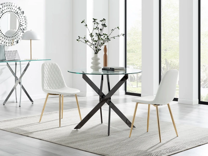 Image of FurnitureboxUK FurnitureboxUK Novara 100cm Round Black Leg Dining Table & 2 Corona Gold Chairs in White White One Size Unisex 5056784304532