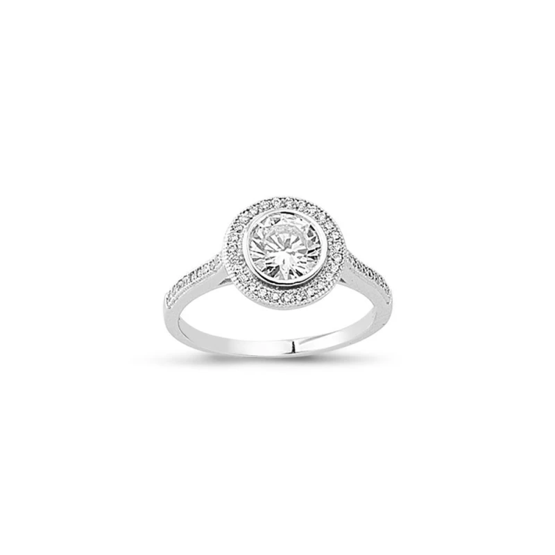 Image of Jewelco London Silver CZ Shoulder-set Halo Solitaire Engagement Ring - ARN141 Silver