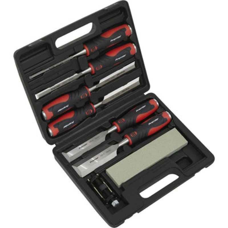 Image of Loops 8 Piece Hammer-Thru Wood Chisel Set - Bevel Edged Blades - Storage Case Metallics
