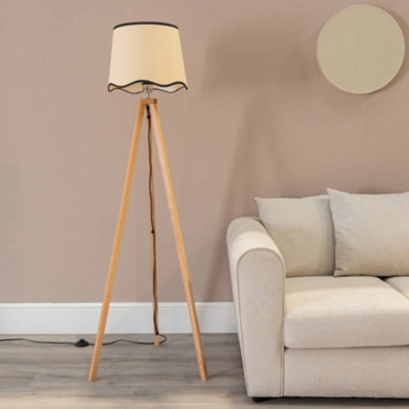 Image of ValueLights Barbro Light Wood Tripod Floor Lamp with Natural Linen Scallop Edge Shade Black