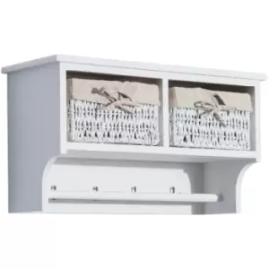 Image of Entryway Coat Rack Wall Mounted Shelf w/Wicker Basket and Hooks (2 Baskets, White) - Homcom