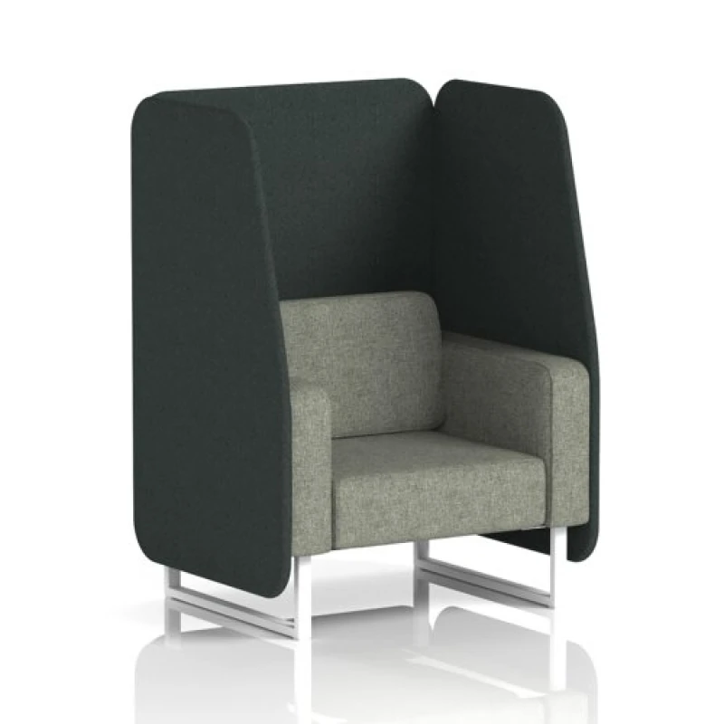 Image of Brixworth 1 Seater Open Office Booth with White Legs in Rivet Fabric - Charcoal Panels and Vitreous Sofa