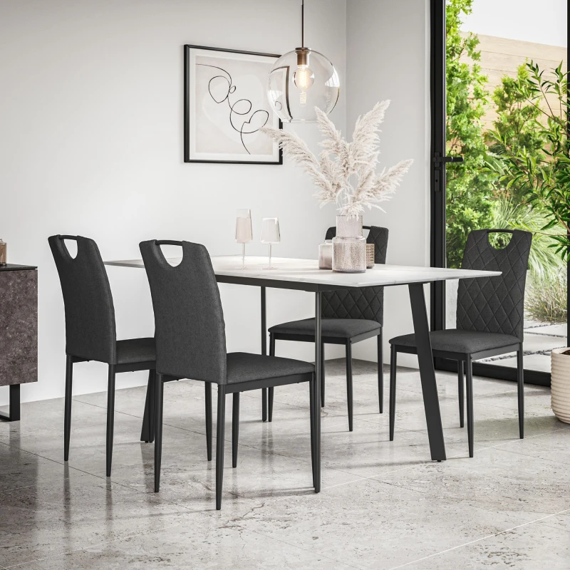 Image of More4Homes Haydon Extending Dining Table + Chairs- White Marble Effect Table Top W Black Legs + Monza Linen Dining Chair Set Of 4 (Charcoal)