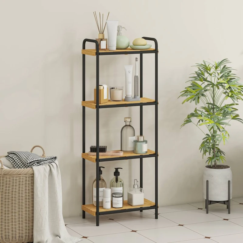 Image of HOMCOM 4-Tier Bamboo Bathroom Shelf, Freestanding Shelving Unit, Natural in Black Unisex