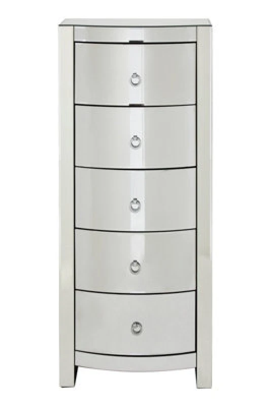 Image of Orsina Bevelled Curved Tall Boy Drawers, Mirrored Glass Finish Chest For Bedroom, Ample Storage 5 Drawer Tall Chest