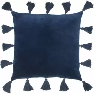 Image of Furn Medina 100% Cotton Faux Velvet Tasselled Cushion Cover, Navy, 45 x 45 Cm