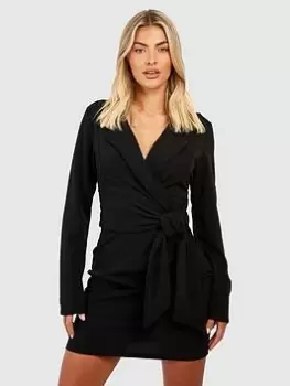 Image of Boohoo Crepe Tie Waist Blazer Dress - Black Size 12, Women