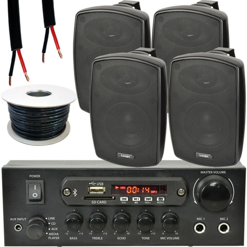 Image of Loops Outdoor Bluetooth Speaker Kit 4x 60W Black Stereo Amplifier Garden BBQ Parties Black unisex