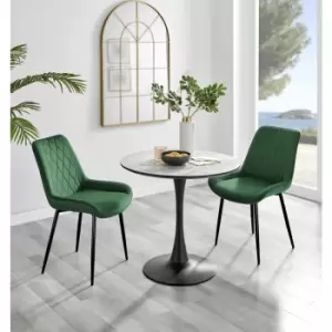 Image of Furniturebox Elina White Marble Effect Modern 80cm Round Dining Table & 2 Green Pesaro Black Leg Velvet Chairs