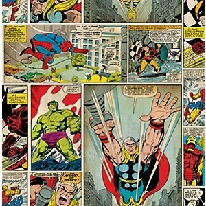 Image of Marvel Superheroes Comic Strip Multicoloured Decorative Wallpaper - 10m