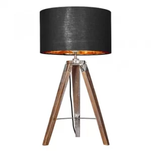 Image of Clipper Light Wood Table Lamp with Large Black and Gold Reni Shade