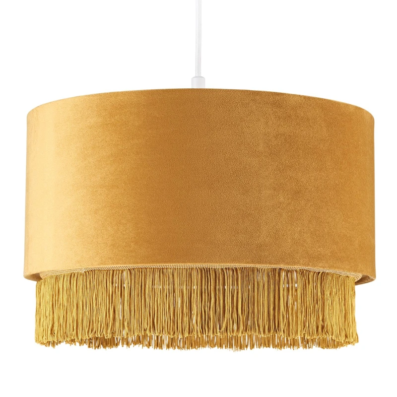 Image of Happy Homewares Modern Velvet Drum Pendant Shade with Tassels & Embroidered Trim in Mustard Size: 14" Mustard Unisex 14"