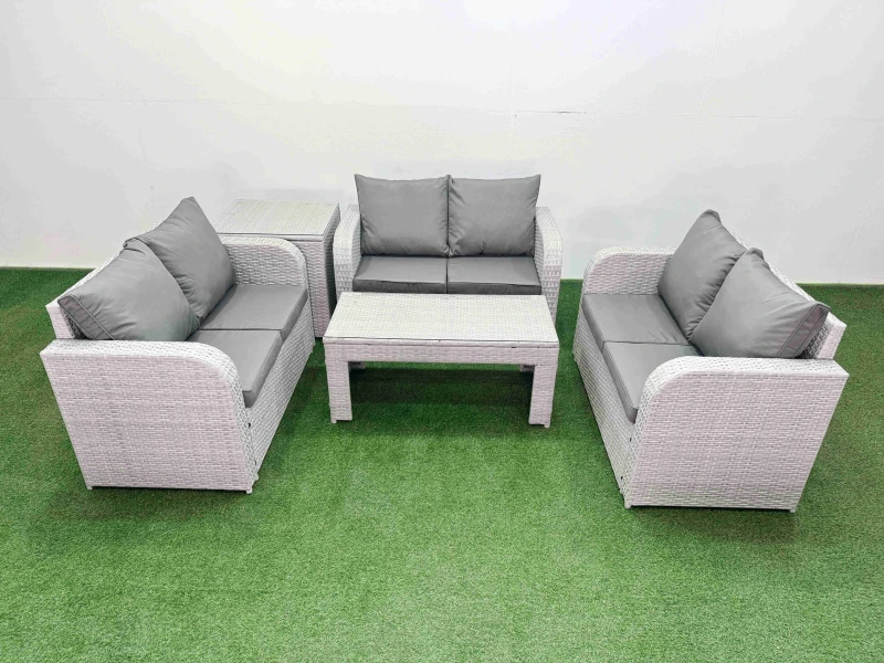 Image of Fimous 6 Seater PE Wicker Rattan Furniture Sofa Sets with Oblong Coffee Table 2 Seater Love Sofa Side Table Light Grey Light Grey