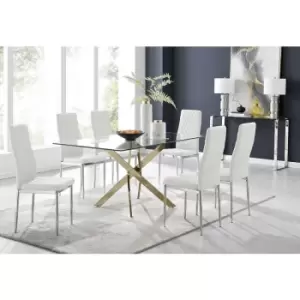 Image of Furniturebox Leonardo 150cm Modern Glass And Gold Metal Dining Leg Table And 6 White Milan Faux Leather Silver Chrome Leg DiningChairs