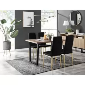 Image of Furniturebox UK - Furniturebox Kylo Brown Wood Effect Dining Table & 4 Black Milan Velvet Dining Chairs With Gold Legs Diamond Stitch Modern