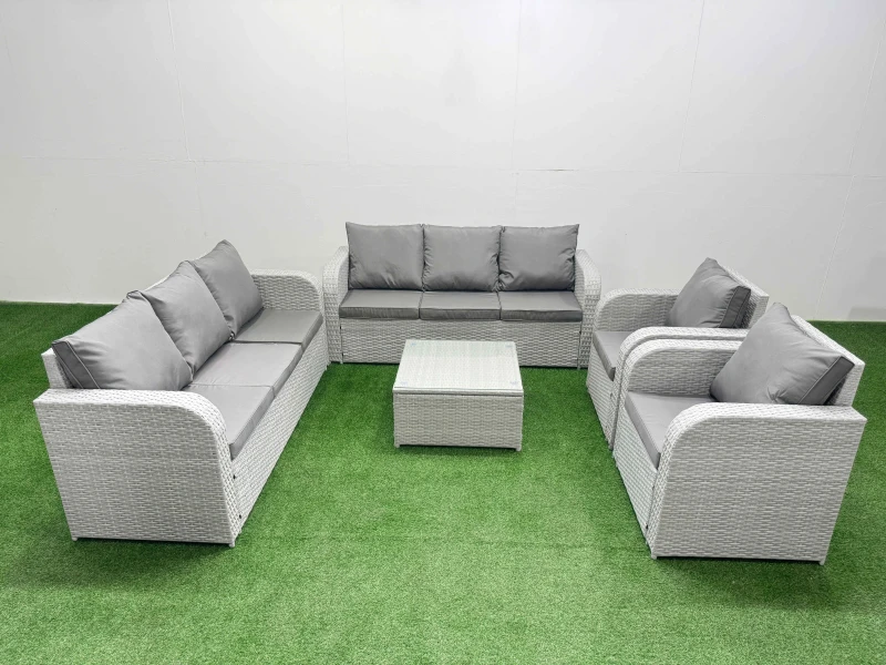 Image of Fimous PE Rattan High Back Lounge Sofa Set Patio Square Coffee Table & Chairs Set with 3 Seater Sofa Reclining Chair Light Grey Light Grey