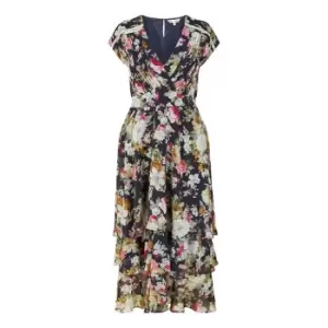 Image of Yumi Navy Floral Tiered Midi Dress - Blue