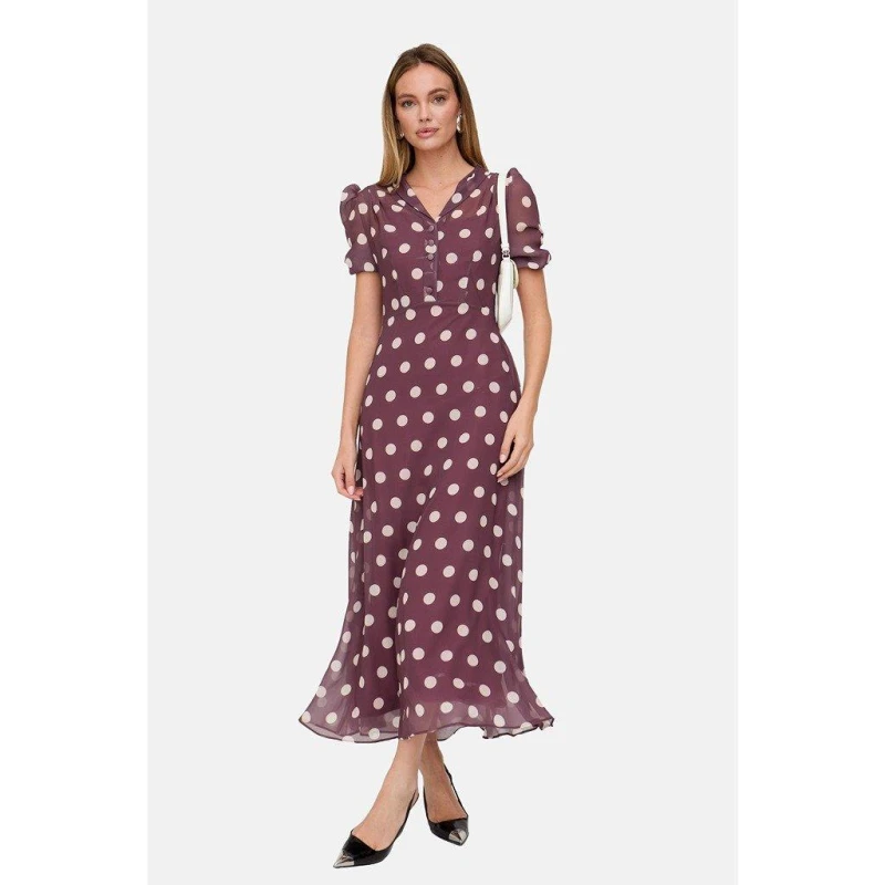 Image of Lily and Lionel Lily and Lionel Julia Button Down Polka Dot Print Maxi Dress In Brown Brown female 8 (XS)