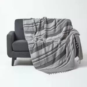 Image of Cotton Morocco Striped Grey Throw, 255 x 360cm - Grey - Homescapes