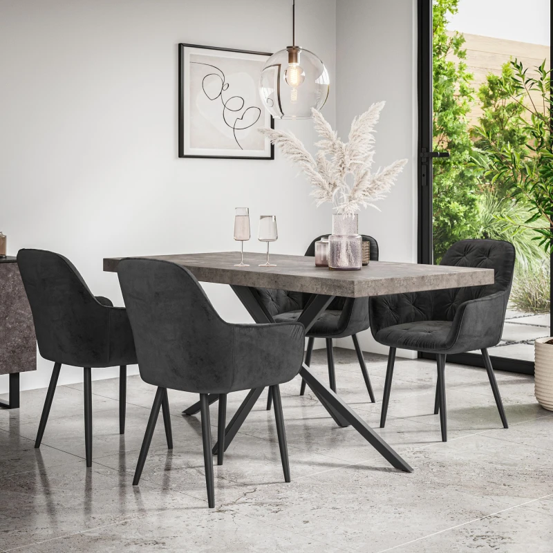 Image of More4Homes Donni Dining Table And Chairs - Concrete Effect Table Top W Black Legs + Anika Velvet Dining Chair Set Of 6 (Black)