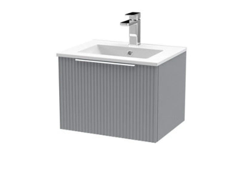 Image of Hudson Reed Fluted Wall Hung 1-Drawer Vanity And Minimalist Basin, Contemporary Sink Vanity Unit, Satin Grey
